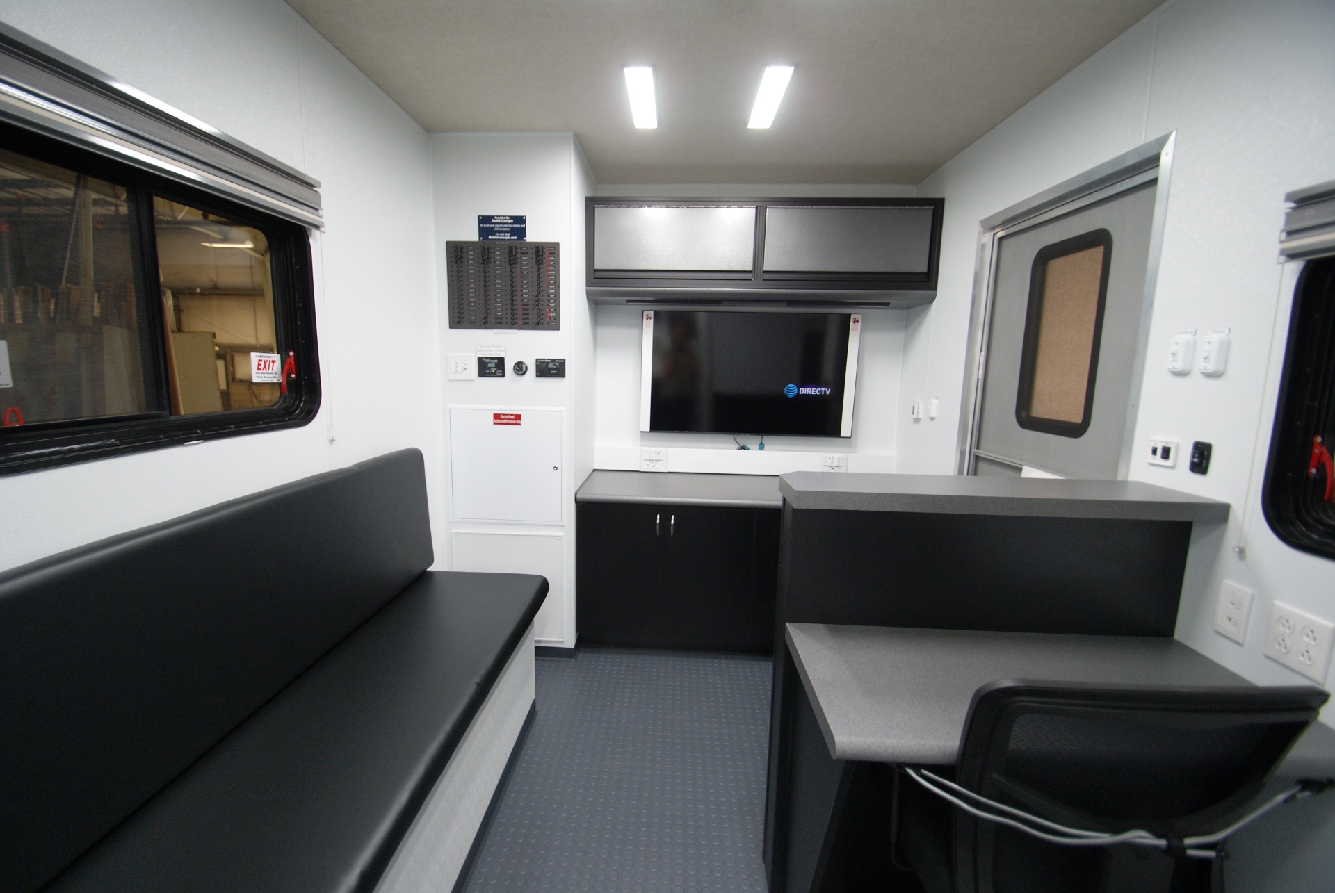 The waiting area inside the Medical Exam 36FW trailer made for the OK Department of Health.