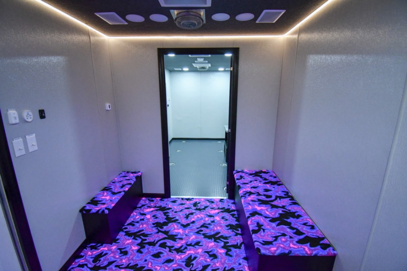 A front-to-back view inside the SCOTTY Safety Theater 35-Classroom made for Hagerstown, MD. The door is open.