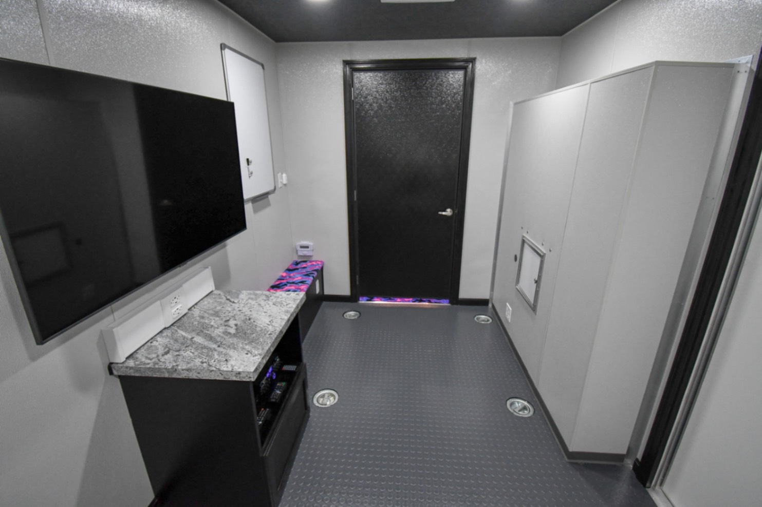 A back-to-front view inside the SCOTTY Safety Theater 35-Classroom made for Hagerstown, MD. The door is closed.