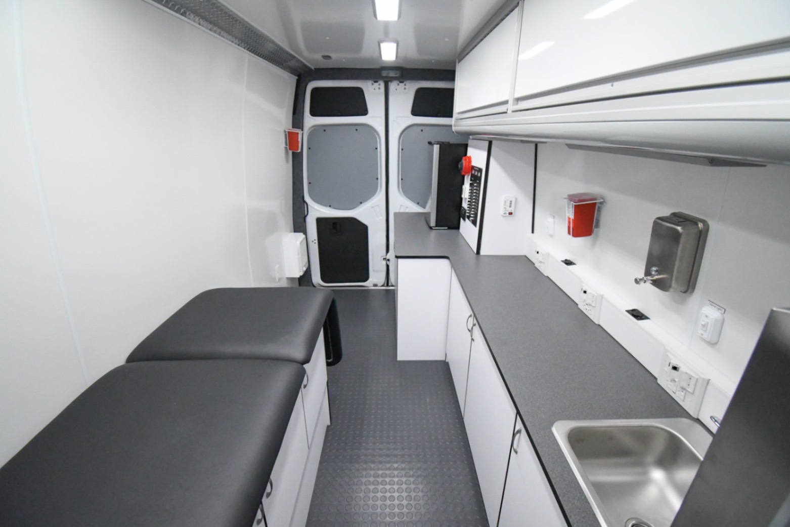 A front-to-back view inside the Medical Exam sprinter made for Newark, OH.