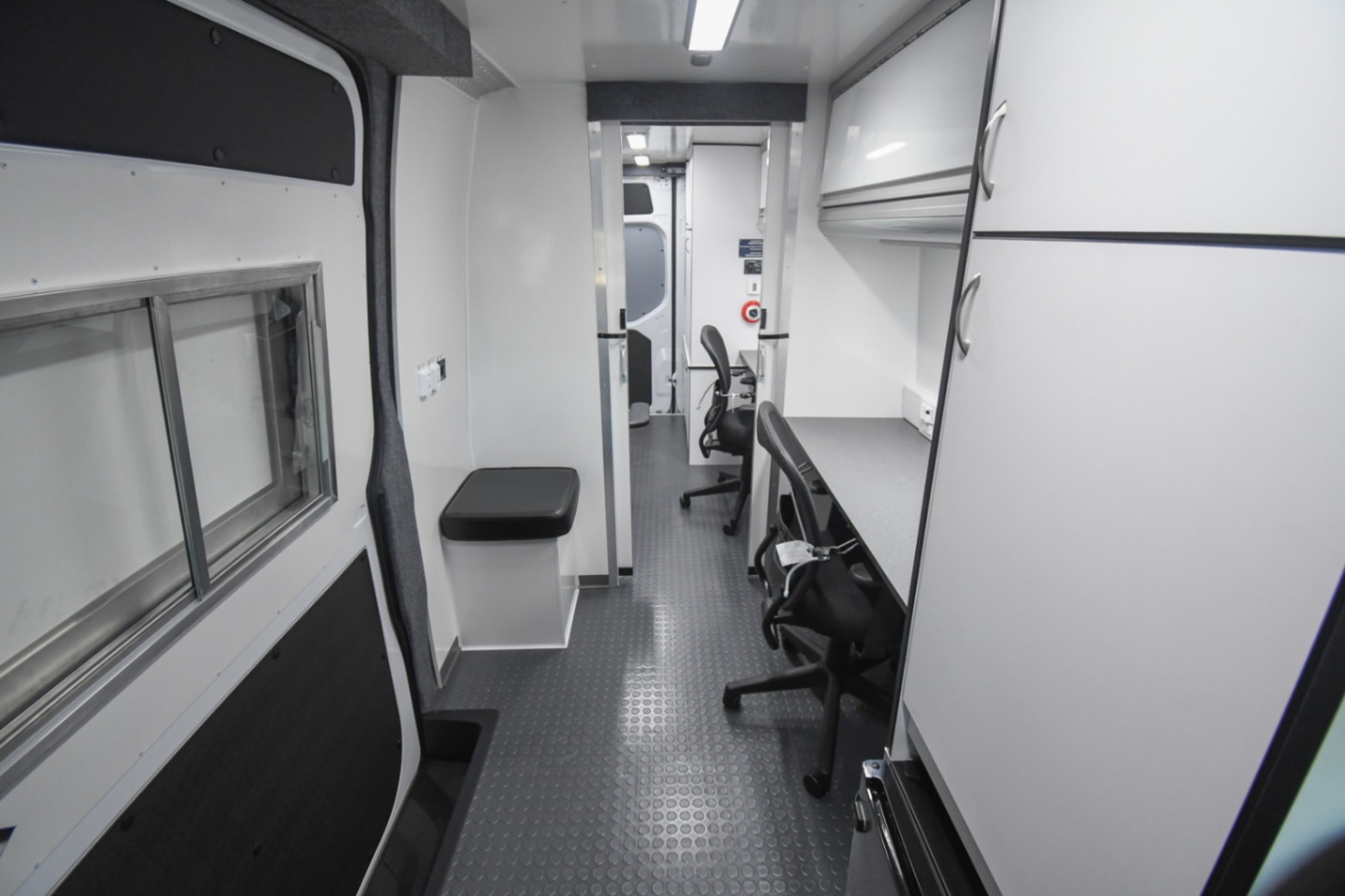 A front-to-back view inside the Mobile Immunization sprinter made for Chicago, IL.