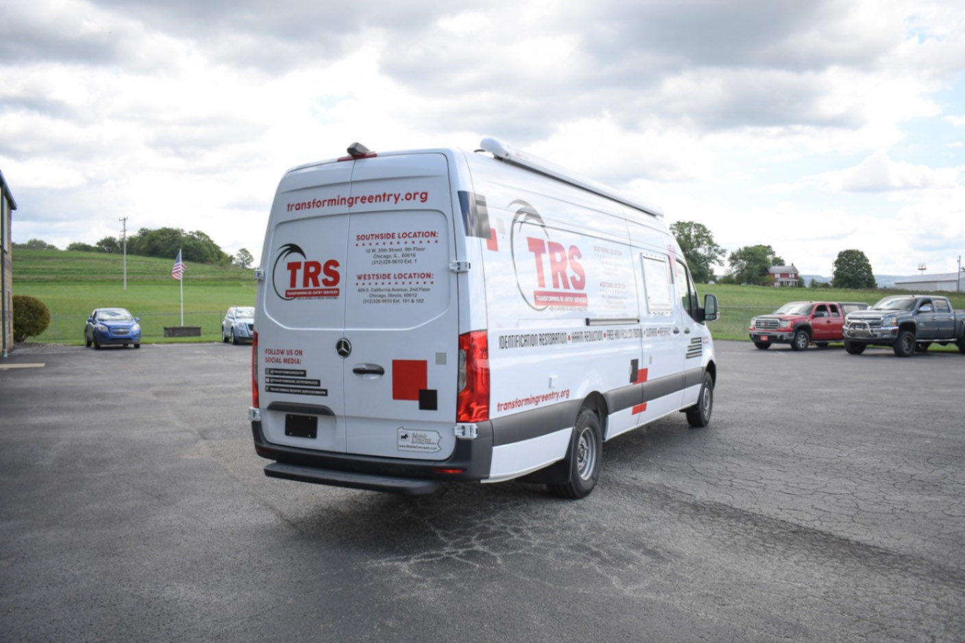 An exterior view of the Mobile Immunization sprinter made for Chicago, IL.