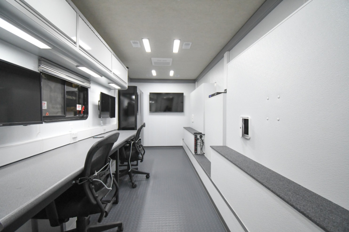 A back-to-front view inside the upfitted Drone Observation Command trailer made for the PA DNCR.