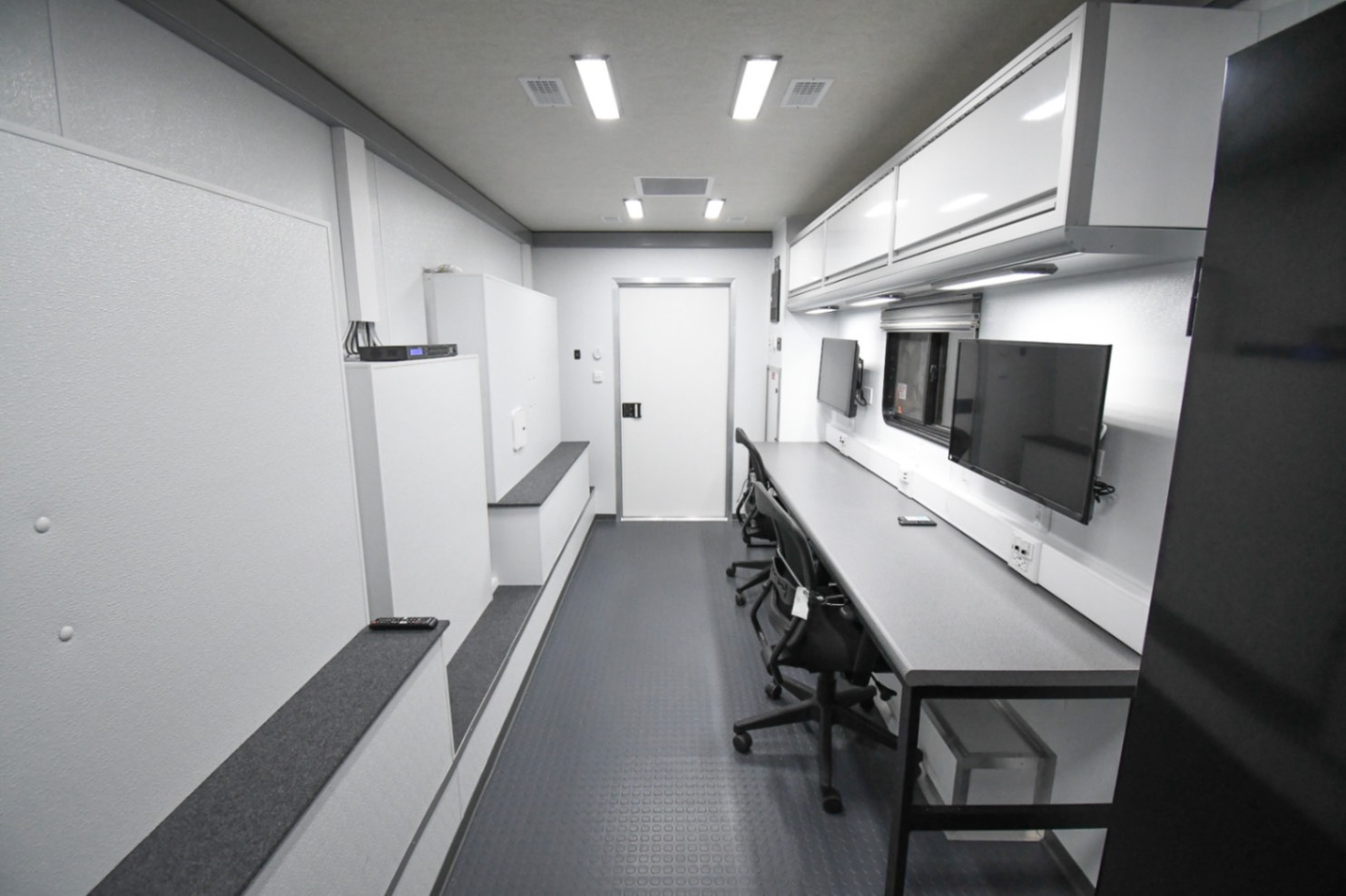 A front-to-back view inside the upfitted Drone Observation Command trailer made for the PA DNCR.