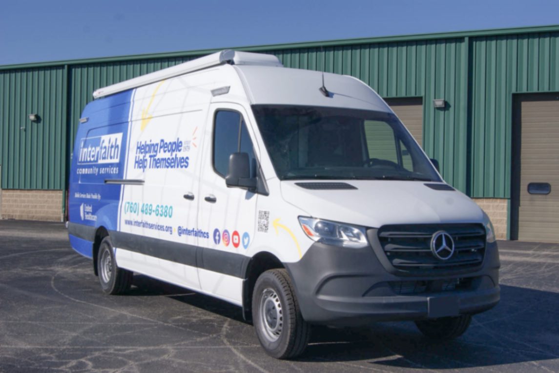 An exterior view of the Outreach Sprinter van made for Escondido, CA.
