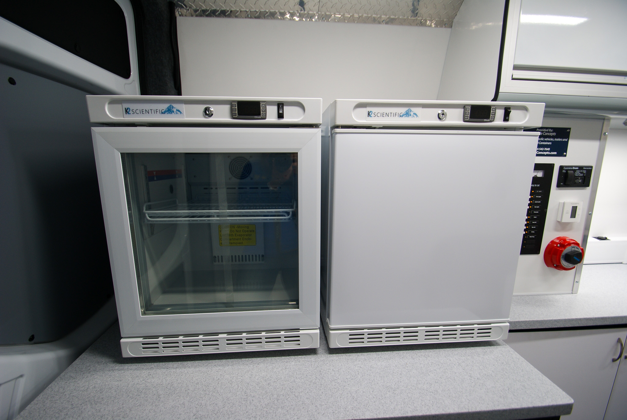 The medical grade refrigerator and freezer inside the unit for Albion, NY.