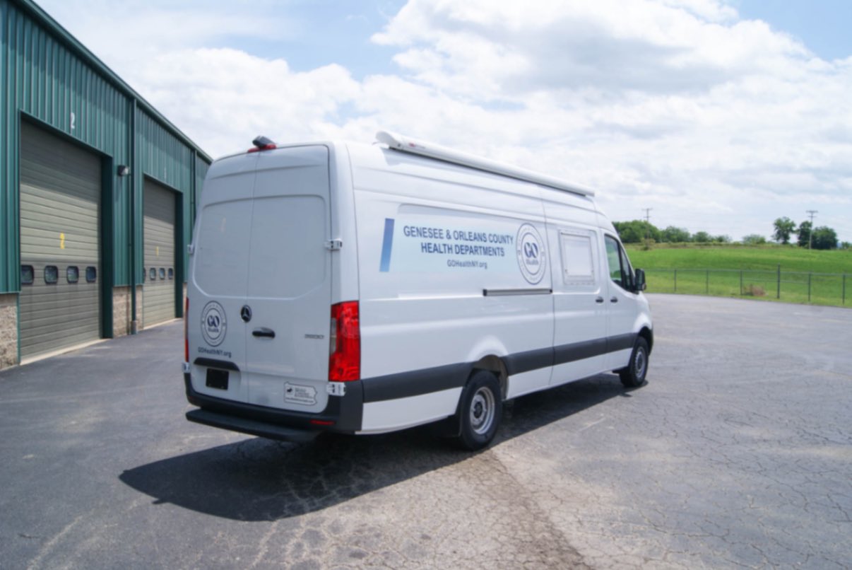 An exterior view of the Medical Exam sprinter made for Albion, NY.