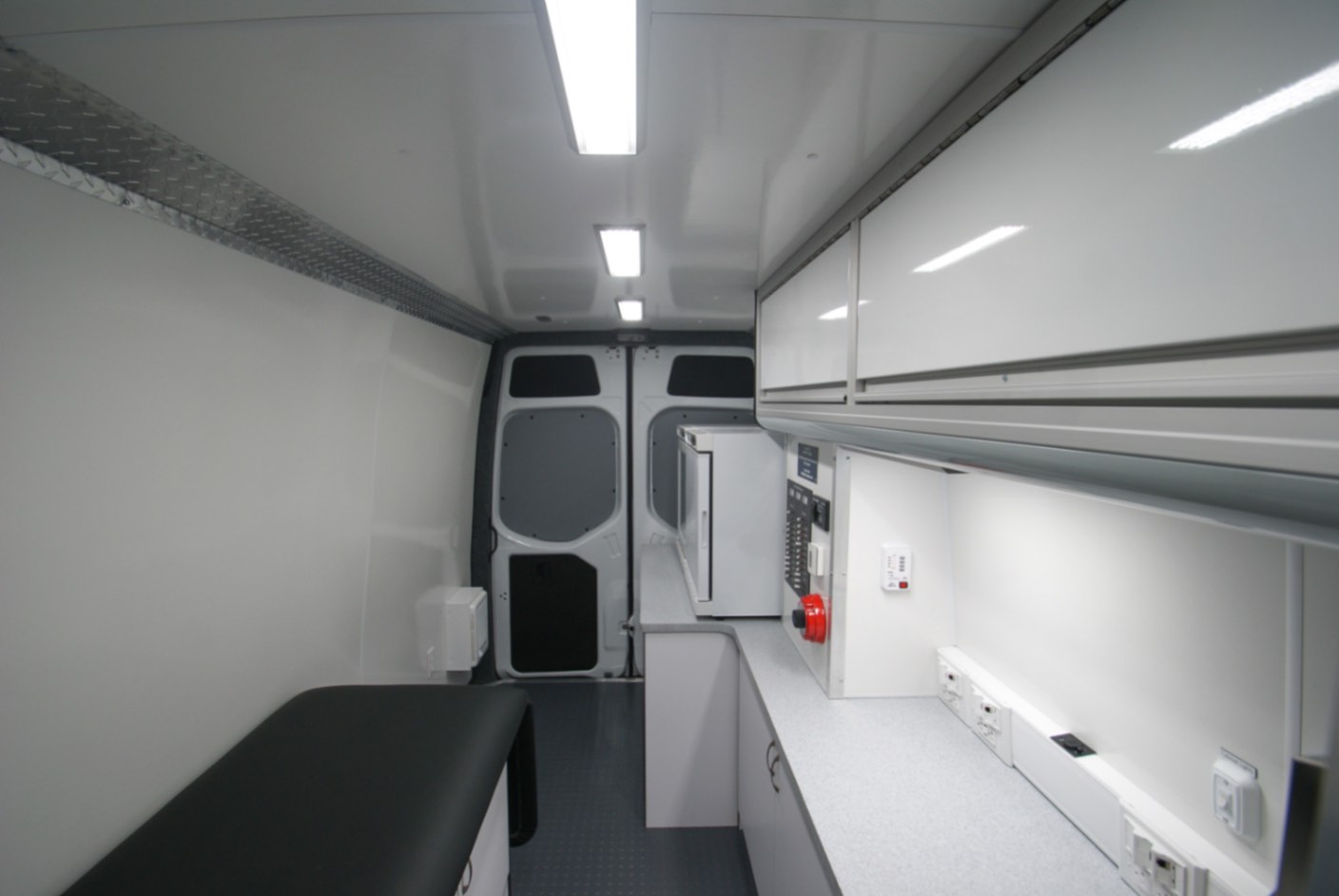 A front-to-back view inside the Medical Exam sprinter made for Albion, NY.