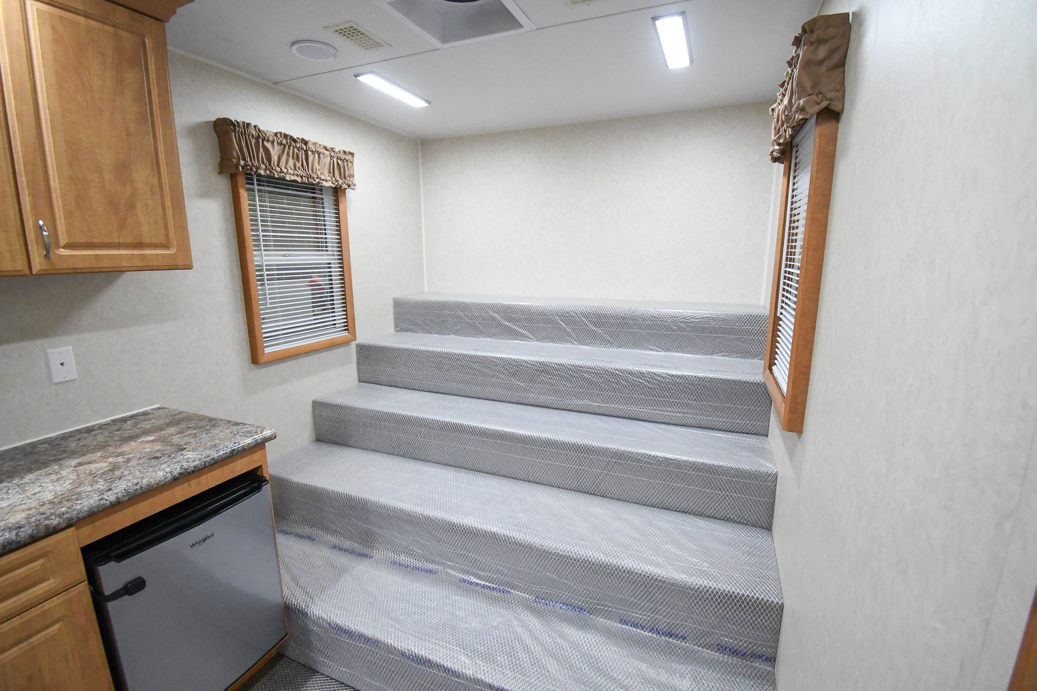 The bleacher seating in the kitchen stage of the unit for Chiloquin, OR.