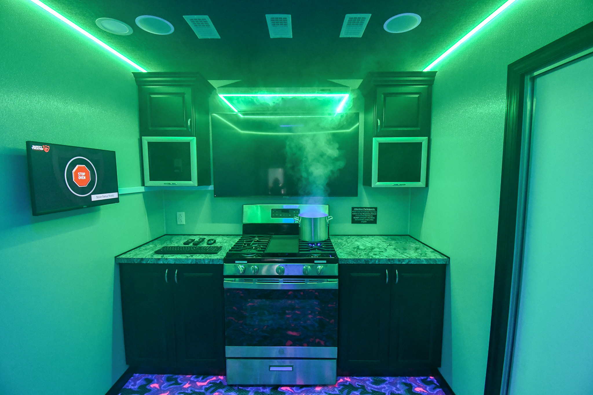 The kitchen stage inside the unit for Bullhead City, AZ. The pot is emitting haze.
