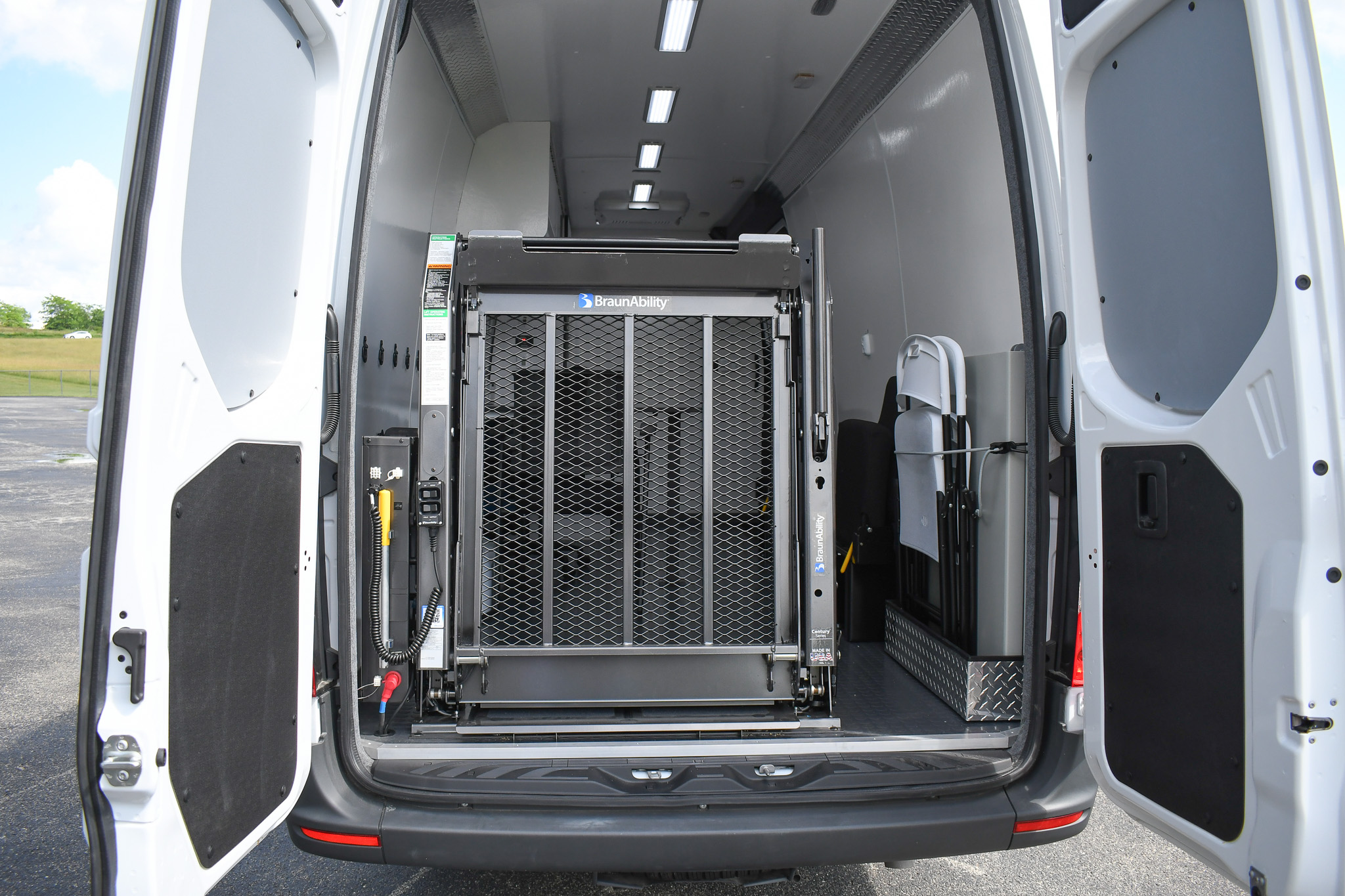 The rear doors of the unit for Pittsburgh, PA are open to reveal the wheelchair lift.
